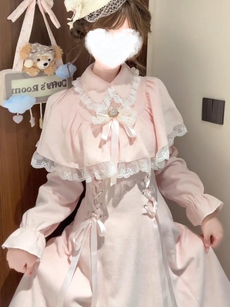 Sweet Pink Lolita Lace Patchwork Skirt with Bowknot & Clear Style Cloak