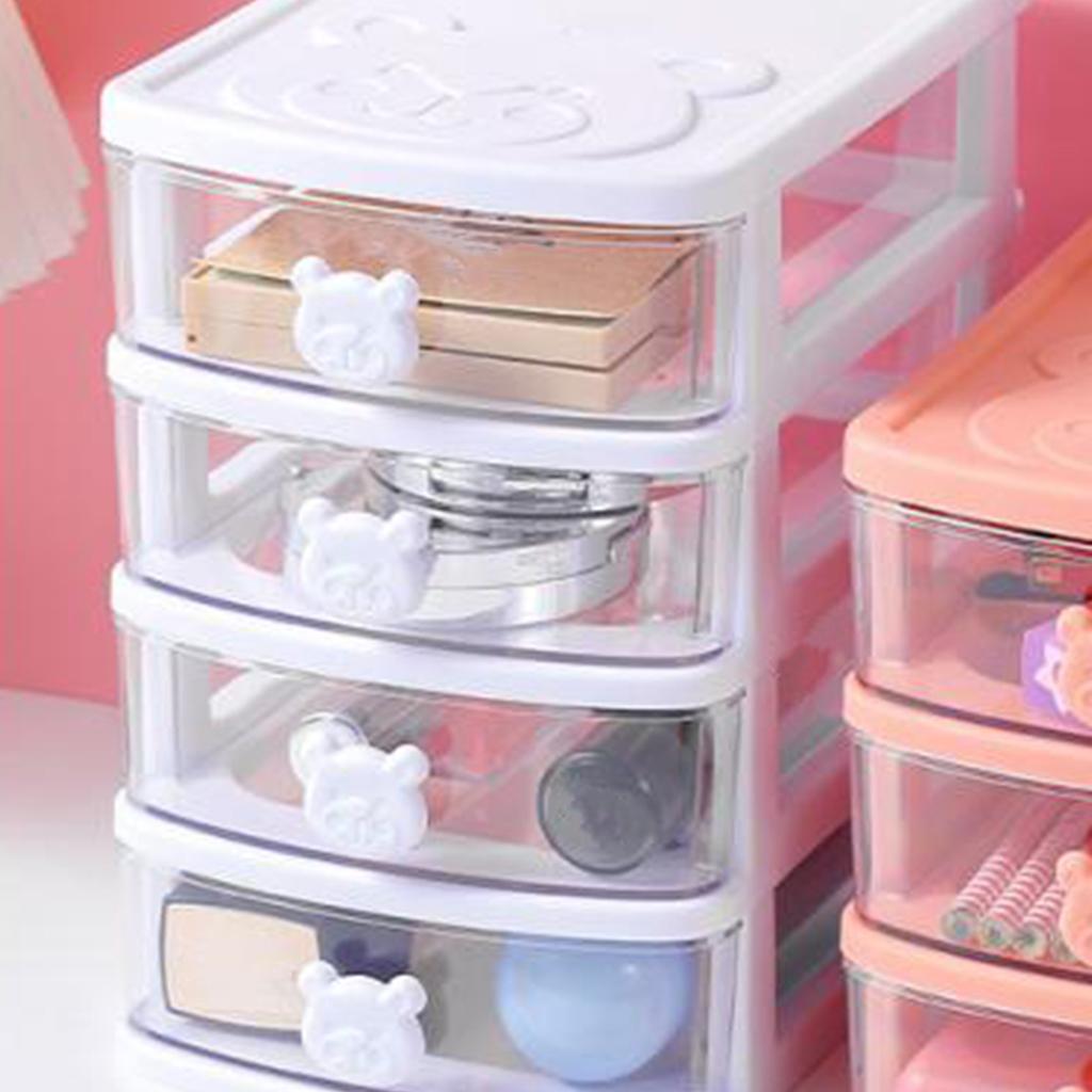 Drawer Organizer 4 Tier Cute Bear Handle Stackable Transparent Look Desktop Storage Box for