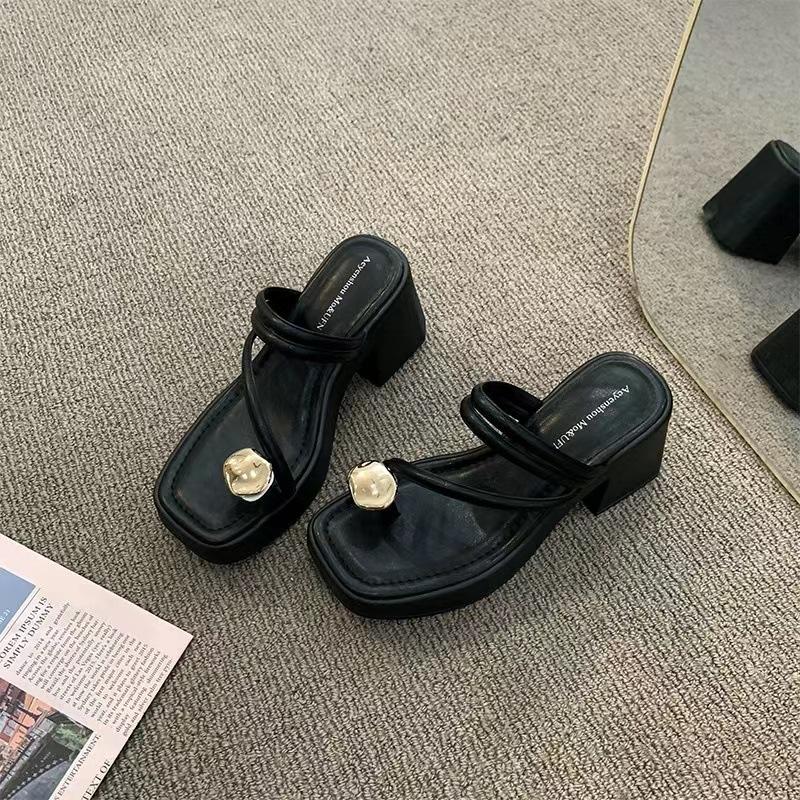 Beautiful high-heeled cool slippers women's versatile new summer fashion thick-heeled thick-soled toe slippers