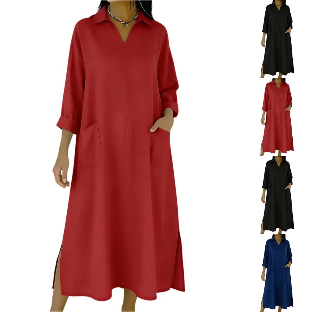 Women's -color Mid-length Loose-fitting Dress With Large Pockets And Casual