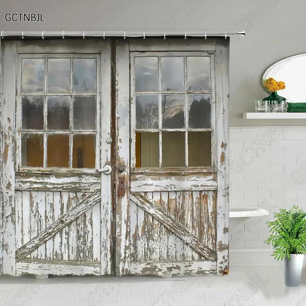 Retro Wood Doors Shower Curtain Set Rustic Old Vintage Barn Door Fabric Bathroom Curtains Farmhouse Bath Decor Bath Screens Hook