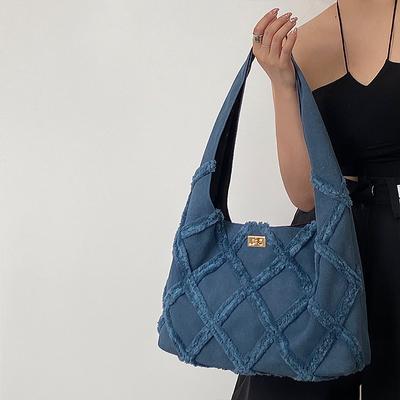 Quasten Denim Tasche Canvas Tasche Damen Tasche Lässige Schulterhandtasche Shopping Tote Aufbewahrungstasche Wildleder