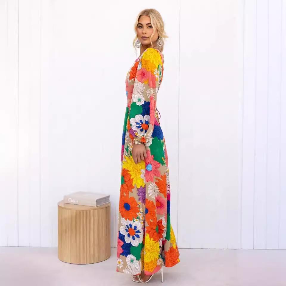 25th Anniversary European & American Autumn/Winter Fashion: Round Neck Lantern Sleeve Dress with Waist-Gathering Print