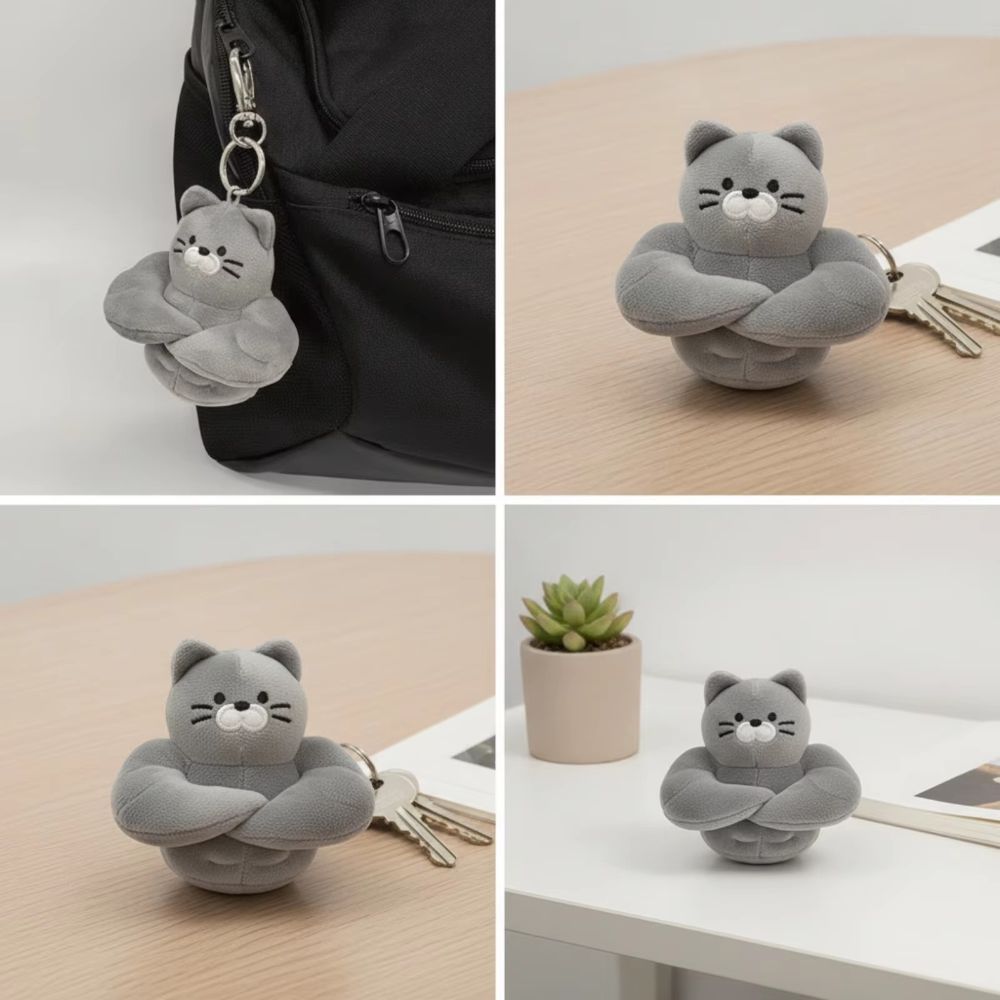 Fluffy Cat Plush Pendant Soft Cartoon Plush Keyring Cute Muscle Cat Plush Keychain  Men