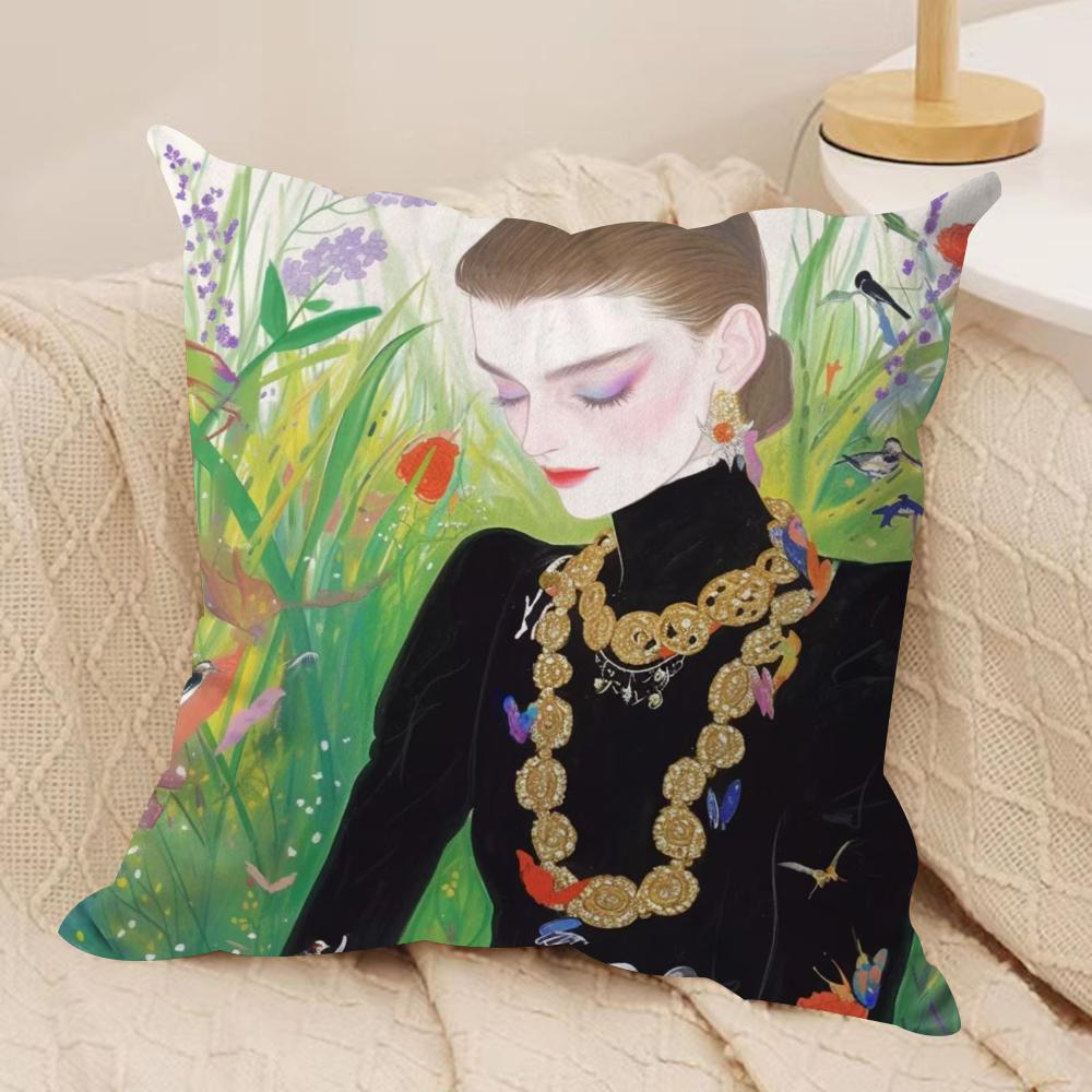 Fashion Illustration Cushion Cover Soft Plush Fabric Double-Sided Printed Sofa Cushion Cover for All Seasons Home Decor Gift