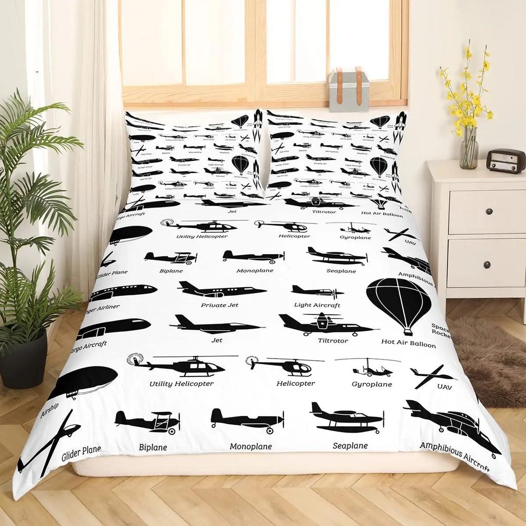 Poszwa na kołdrę z samolotami latającymi w powietrzu, lotnictwo, lotnisko, helikoptery i odrzutowce, styl kreskówkowy, dekoracja pokoju dla chłopców i dziewcząt, prezent