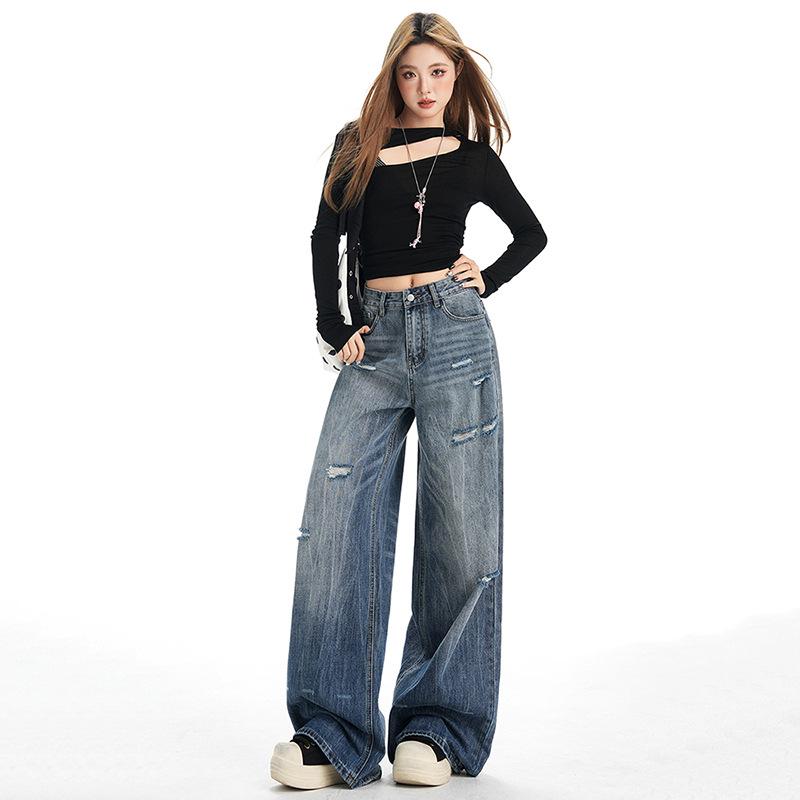 American Retro Wide-Leg Ripped Jeans - Women’s Fashionable Slimming Spring/Autumn Style M
