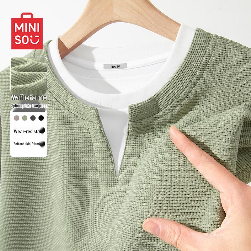 MINISO Men s Summer Faux Two-Piece V-Neck Waffle Knit Short Sleeve T-shirt XL