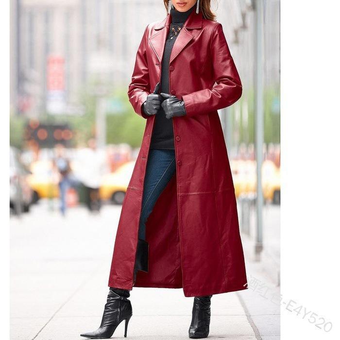 

Women s Button Leather Long Coat: European & American Style, Slim Fit, Plus Size XXL червоний