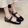 Haute couture version~ French square head shallow mouth Mary Jane shoes women's new metal buckle flat bottom retro one-word buckle small leather shoes