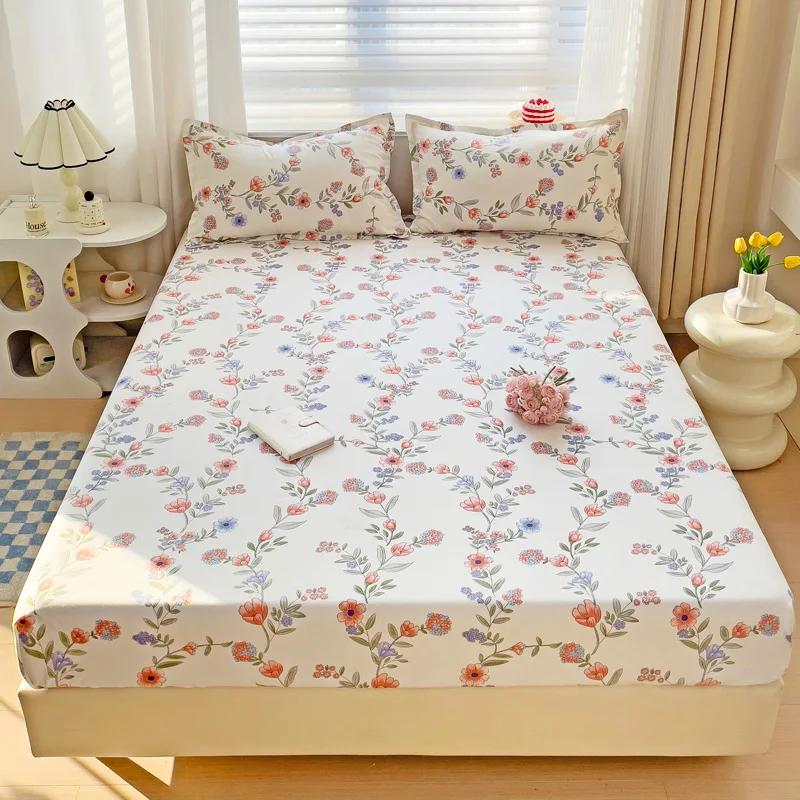 Pink Blooming Flowers Pattern Fitted Sheet Set 3Pcs Romantic Skin Friendly Comfortable Soft Mattress Cover with Elastic Band