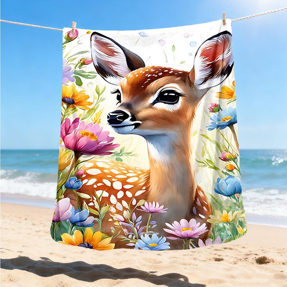1pc Deer Floral Print Throw Blanket Polyester Fiber, Lightweight Flannel, Soft & Warm, All Season Use for Outdoor, Camping Digital Print