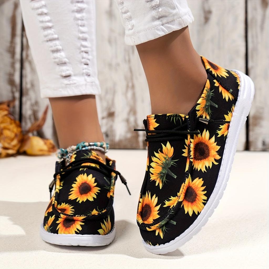Ladies Casual Round Toe Slip-On Shoes Black, Breathable, Anti-Slip, Sunflower Pattern, Easy to Wear, Flat Heel, Fabric Upper, EVA Sole, Fabric Insole