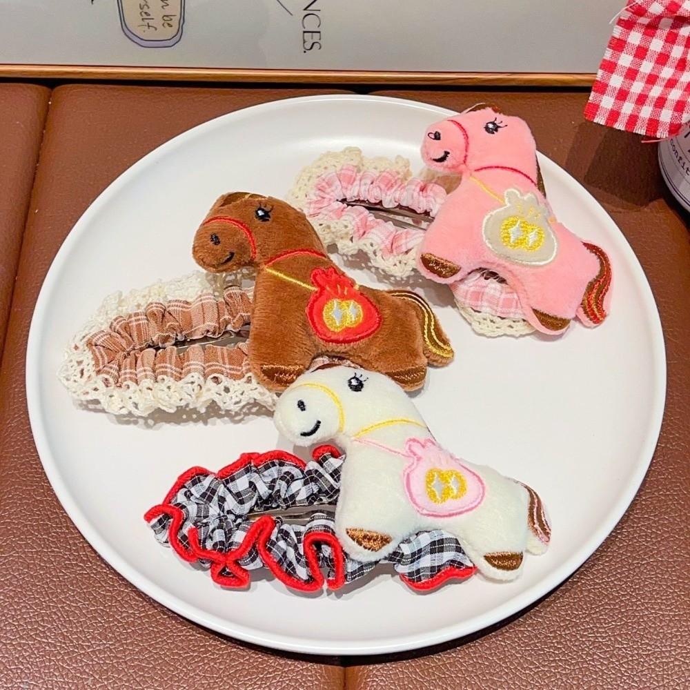 Grid Cartoon Hair Clip Large Plush Edge Clip Creative Horse Hairpins  2026 New Year