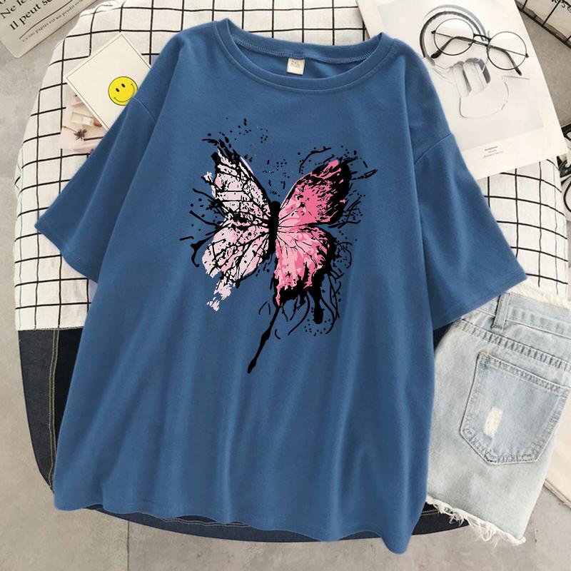 Pink Harajuku Butterfly T-Shirt Women Casual Breathable T Shirt Street Hip Hop Short Sleeve Cotton Cool Oversized Tshirt