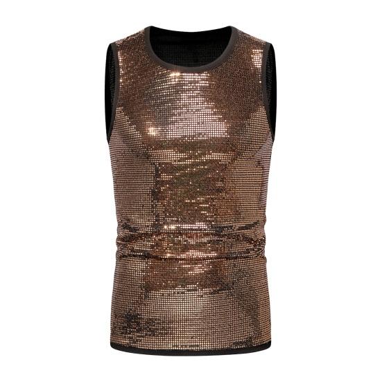 

Летний мужской жилет, блестящий металлический жилет без рукавов с круглым вырезом, приталенный, эластичный, средней длины, пуловер на бретелях для выступлений в клубе, шоу на сцене S золотистый