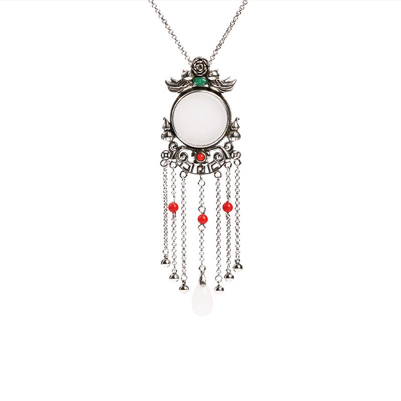 Retro Thai Silver Tassel Necklace with Imitation Jade for Peace and Joy