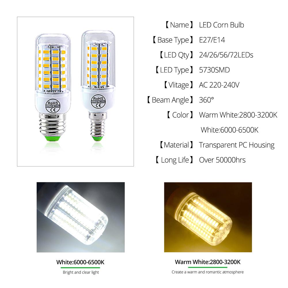 AC 220V E27 LED Lamp E14 LED SMD 5730 Corn Bulb 24 36 56 72LEDs Lamparas Chandelie for Home Ampoule LED Replacement Spotlight