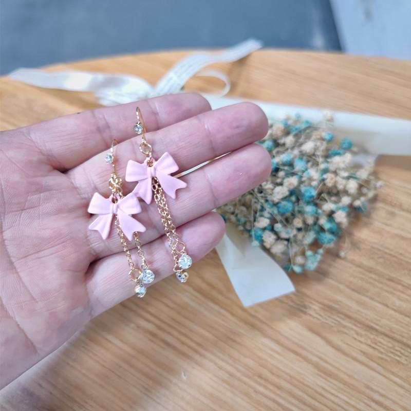 Fashionable Pink Bow Zircon Tassel Pendant For Women's Party Jewelry Earrings