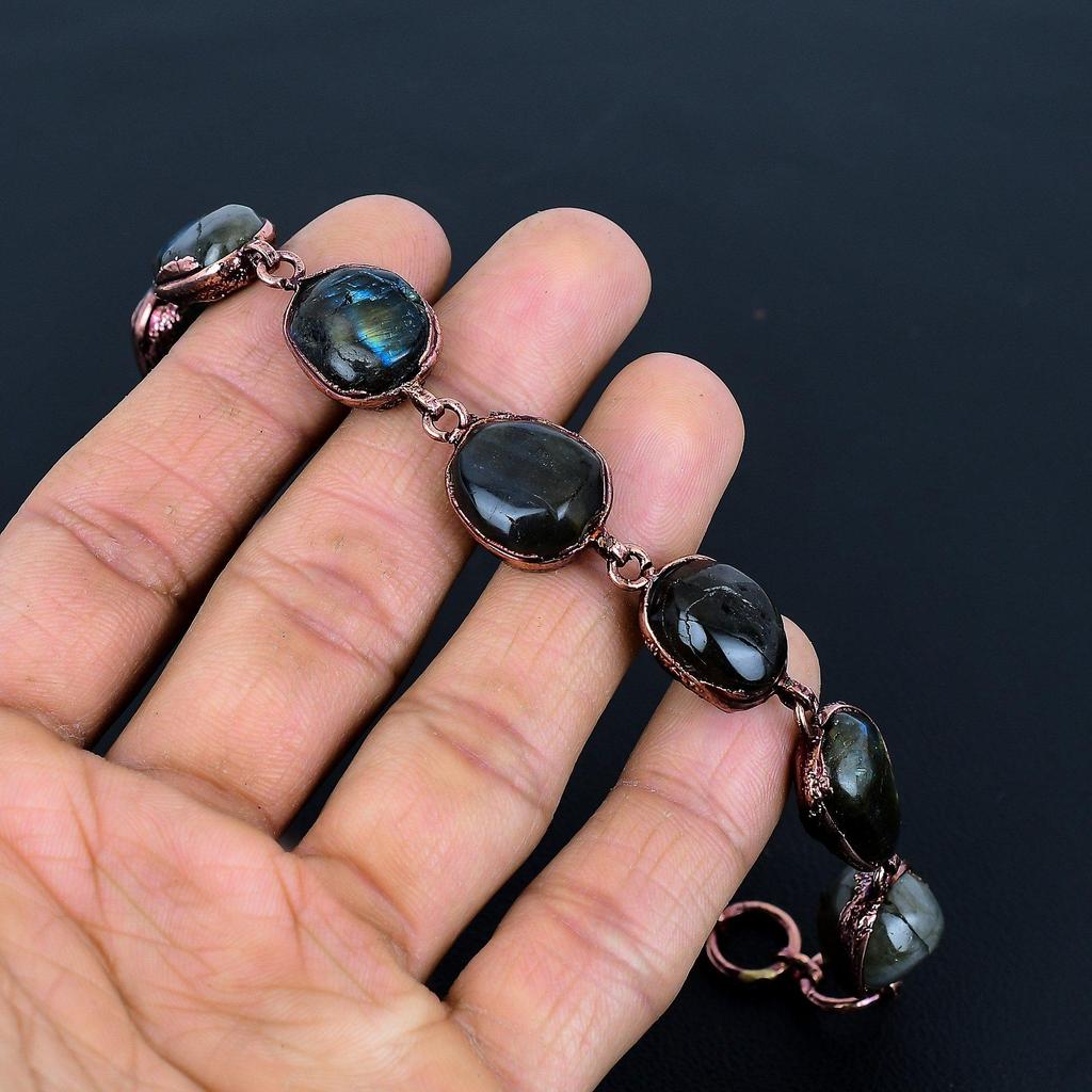 Labradorite Bracelet Handmade Jewelry, Copper Electroformed Bracelet Designer Gemstone Jewelry Adjustable Chain Bracelet Gift For Mom