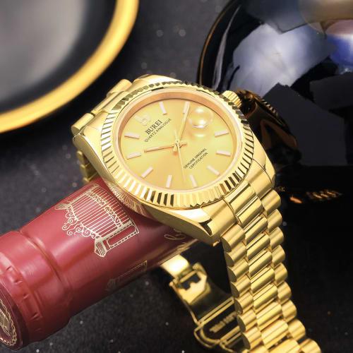 BUREI Pánské vodotěsné křemenné analogové hodinky se zlatou luminiscenční úpravou, jednoduché a oblíbené pro obchod i módu, ideální jako dárek k narozeninám