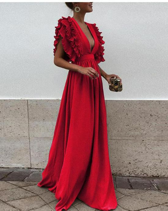 

Весна/Лето 2023 Платье макси с V-образным вырезом, рукавами-крылышками и открытой спиной, однотонное, для женщин XXXL красный