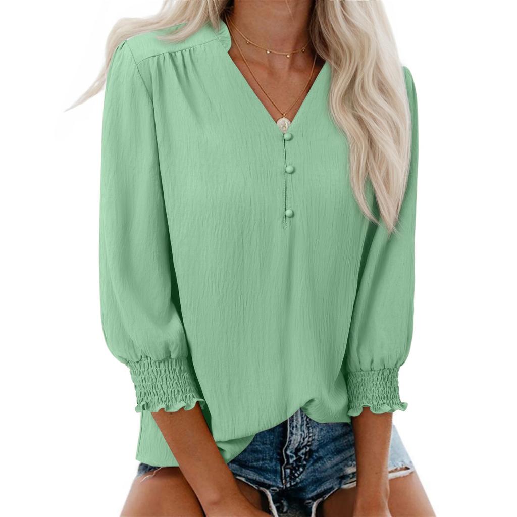 Women's Casual Fashionable V-Neck Blouse With Elasticated Cuffs