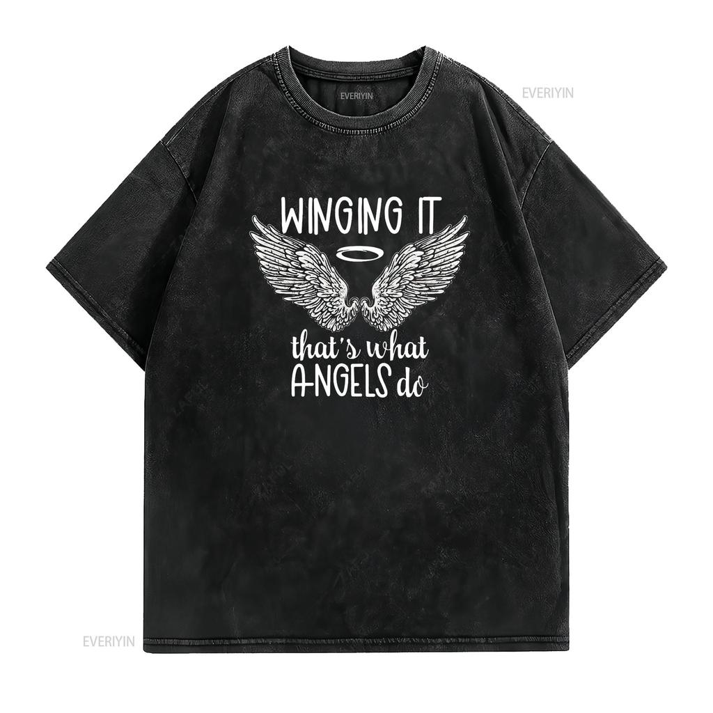 Womens Angel Wings Winging It Thats What Angels Do Spiritual Quote T Shirt Black Vintage Washed Slightly Homme Stretched