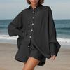 Women's Fashion Cardigan Solid Color Casual Pleated Long Sleeve Top Shorts Set