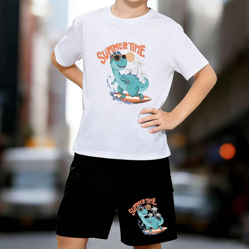 

Boys 2 Piece Summer Surf Dinosaur Printed outfit, Short Sleeve T-Shirt and Shorts Set for Kids Age 5-14,Black ,White Sporty Casual Summer Clothes 13-14 Years білий
