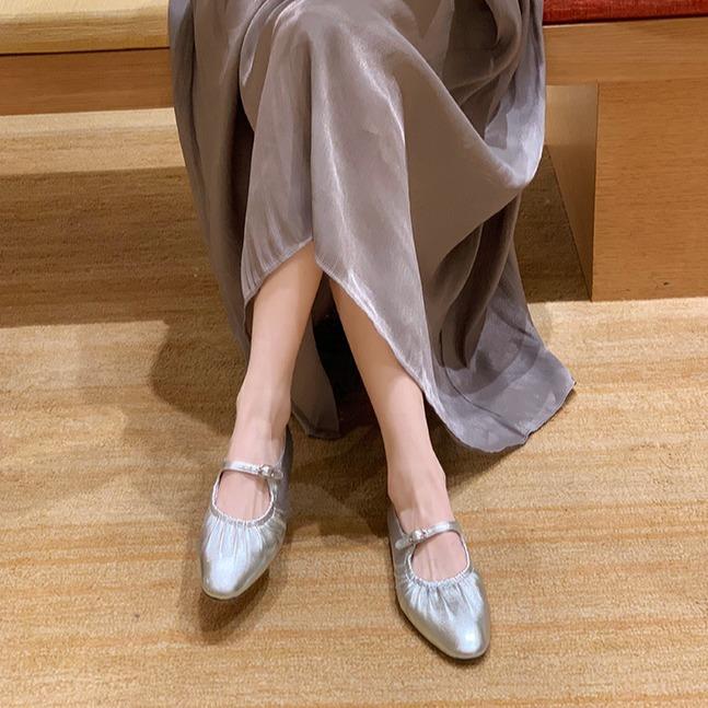 Cowhide version~ fairy style silver leather flat-soled single shoes women's pleated one-word buckle belt Mary Jane small leather shoes ladle shoes