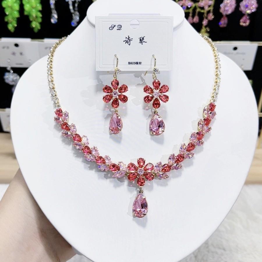

Модный набор ювелирных изделий с цветами из циркония для женщин: серьги, ожерелье, помолвочные, свадебные, вечерние аксессуары, подарки красный