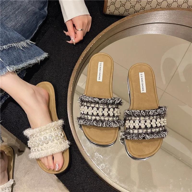 Fashion Hot Selling Summer Fashionable Sexy Light Casual Women's Shoe Comfortable Square Head Pearl Decoration Solid Color Flat Slippers