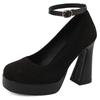 Block High Heels Platform Pumps Shoes Woman Round Toe Ankle Strap Flock Black Red Heeled Party Wedding Office Shoes Ladies