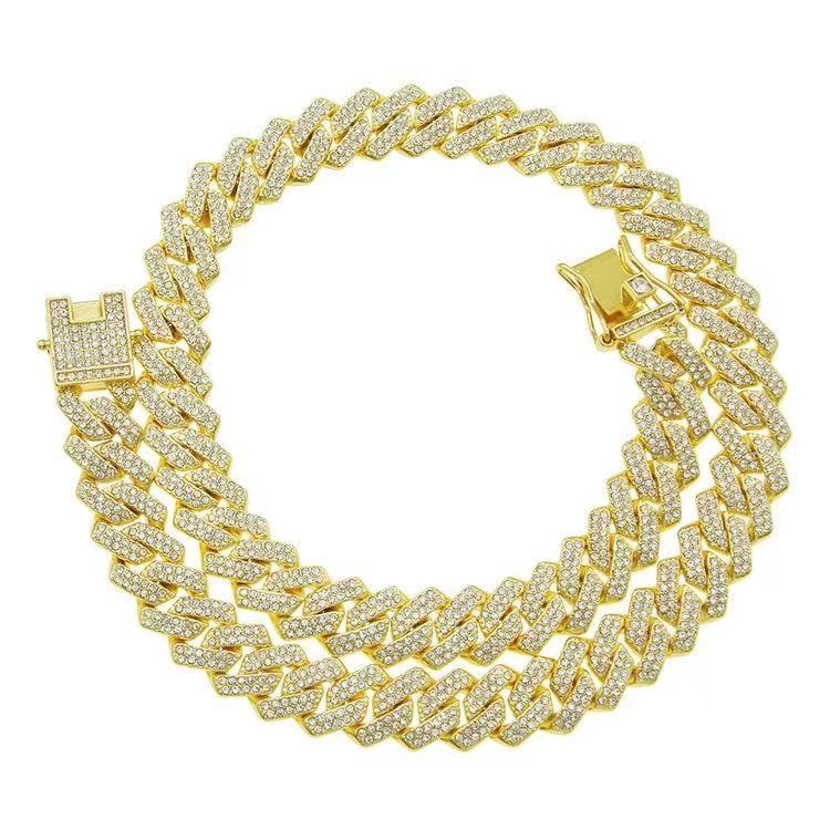 Mens Cuban Bracelet Necklace Full Diamond-Rhombus Design -Golden and silver colors Luxurious Sparkling Jewelry for Him