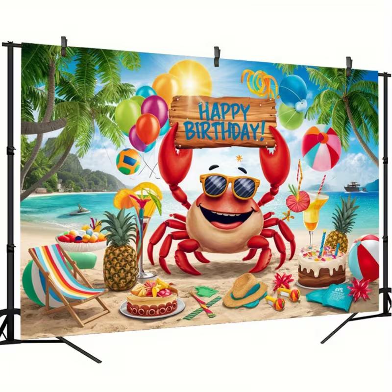 Fun Summer Beach Birthday Tapestry, Smiling Crab with Sunglasses and Beach Party Elements, Playful Kids' Wall Art
