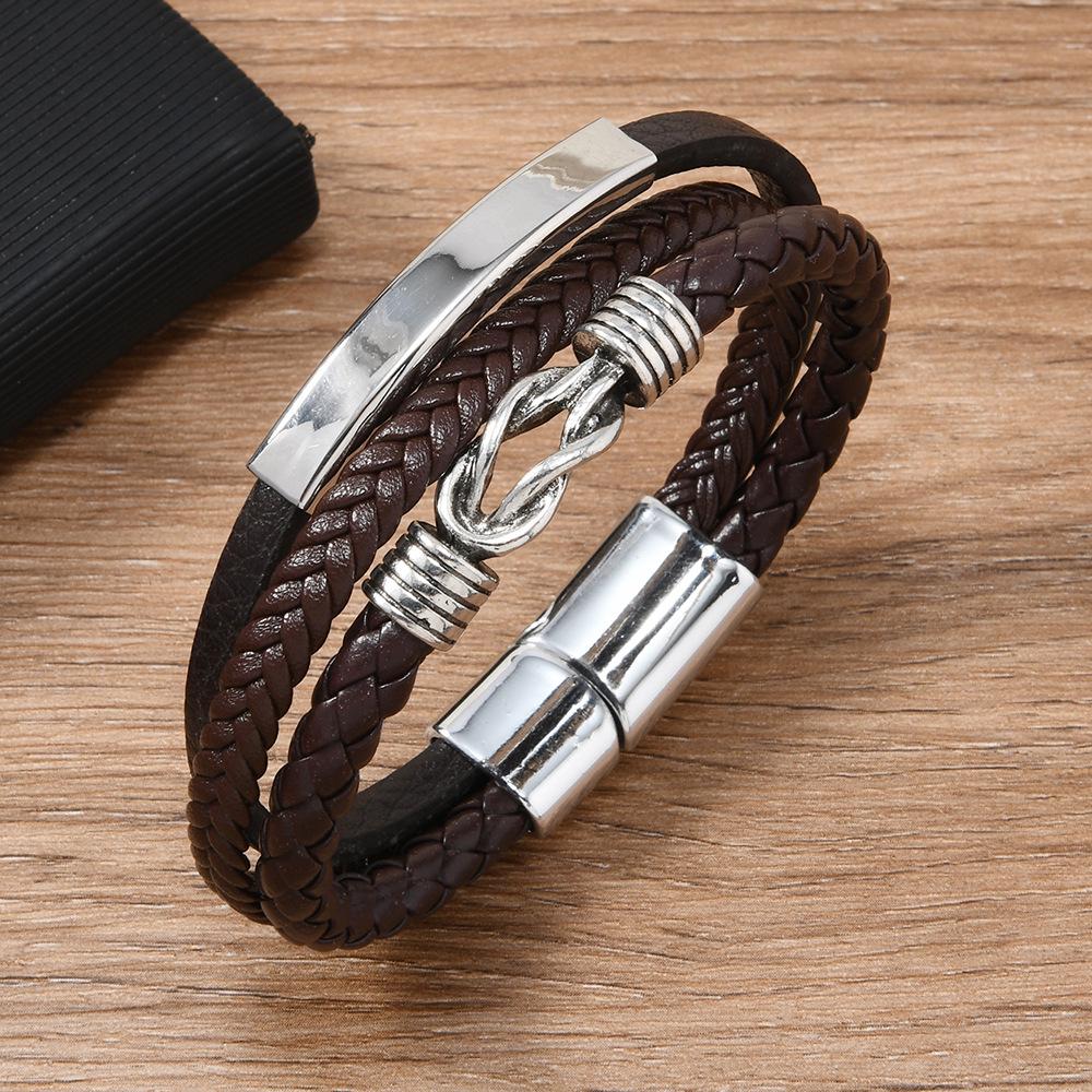Retro Curved Tube Stainless Steel Layered Punk Knotted Men's Leather Bracelet