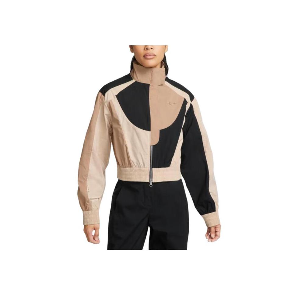 Nike Color Block Stand Collar Loose Long Sleeve Jacket Women Outerwear Brown DV8308-200