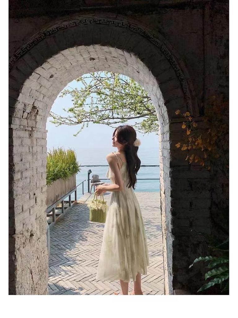 2024 Korean Style Sleeveless Ruffled Print Long Slim Fit Dress