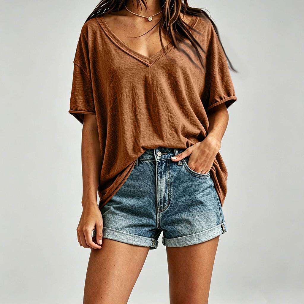 Women's Casual V Neck Loose Fit Plain Oversized Drop Shoulder Top Lightweight Soft Fabric Summer Tee Shirt for Everyday Wear