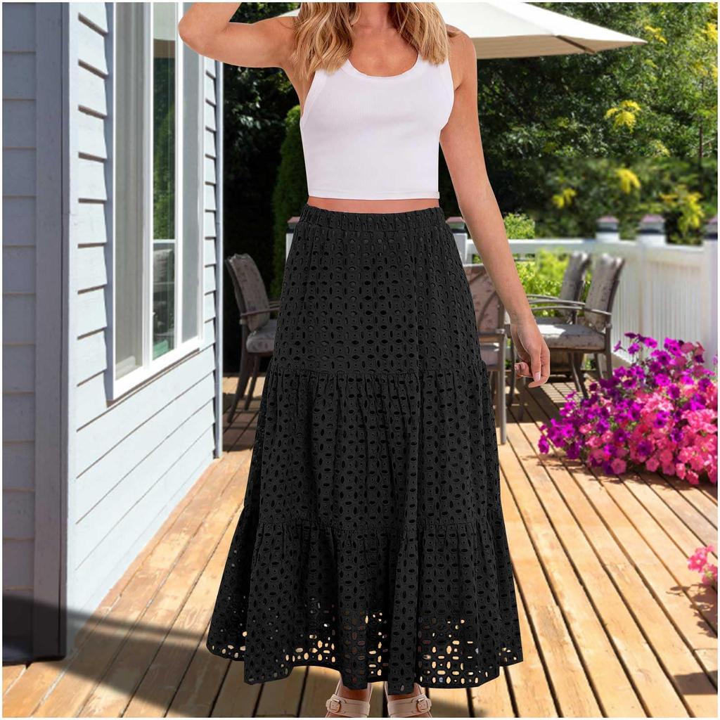 Damen Mode Farbe Bohemian Hohl Hohe Taille A-Linie Tasche Lang Lässiger Halber Rock