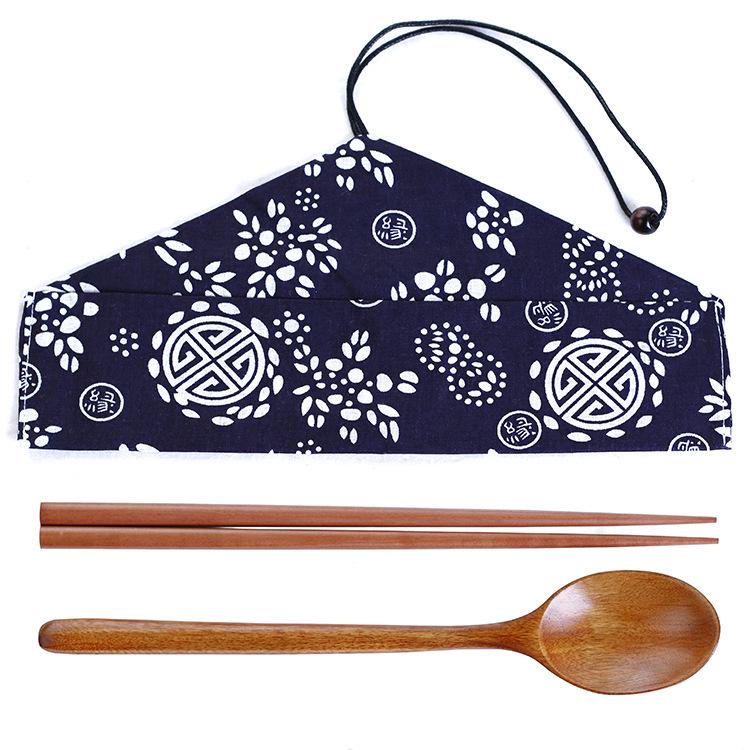 Japanese Style Cotton Linen Utensil Bag with Wooden Spoon and Chopstick Set