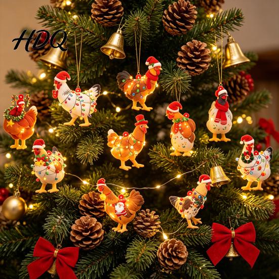 Funny Chicken Exchange Gifts for Friends Mini Christmas Ornament Cute Rooster with Santa Hat Wooden Xmas Tree Rustic Hanging Decor Decoration,
