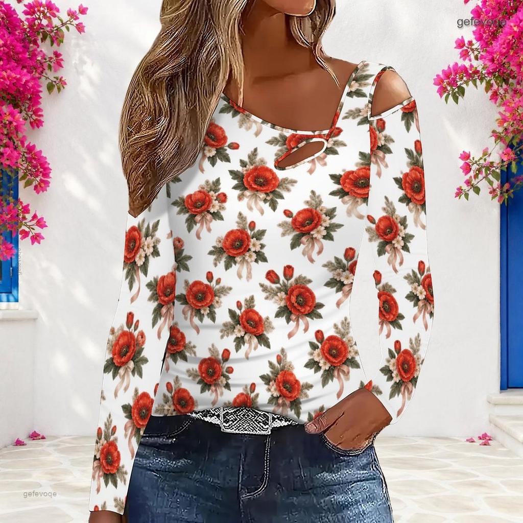 Women Plus Size White Floral Printed Asymmetric Cutout Neck Cold Shoulder Long Sleeve Fitted Top