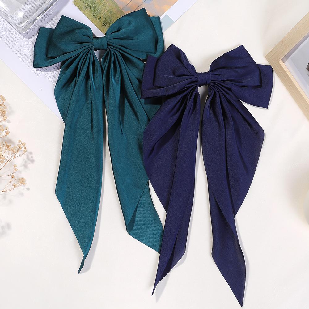 

Набор из 2 шт. Элегантная заколка для волос с лентой-бантом, модная однотонная заколка-бант из атласа, заколки-автоматы для девочек, заколка для хвостика, женские аксессуары для волос