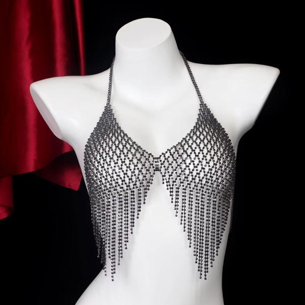 Fashion Tassel Bra Chain for Crop Top Luxury Mesh Body Chain Jewelry Crystal Lingerie  Women