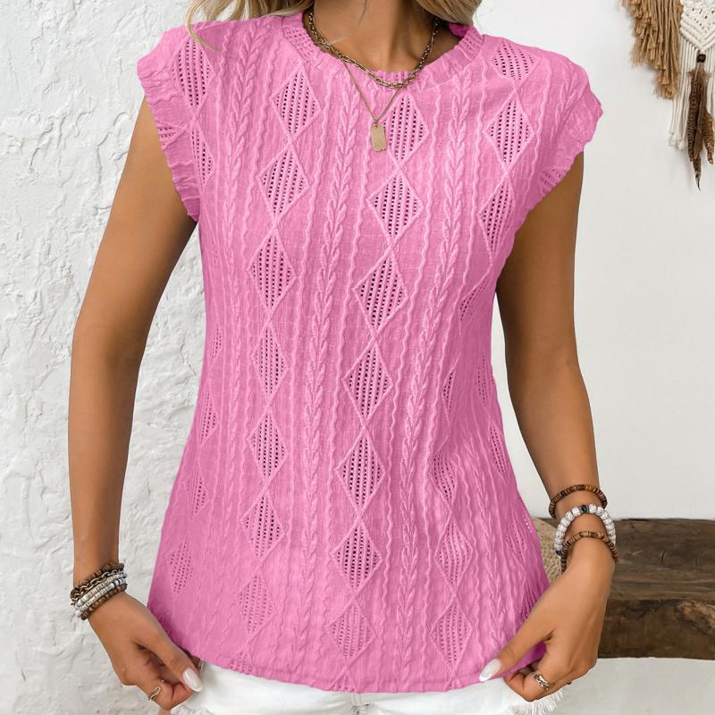 2026 Summer New Women's Round Neck Jacquard Short Sleeve Loose Solid Color T-Shirt
