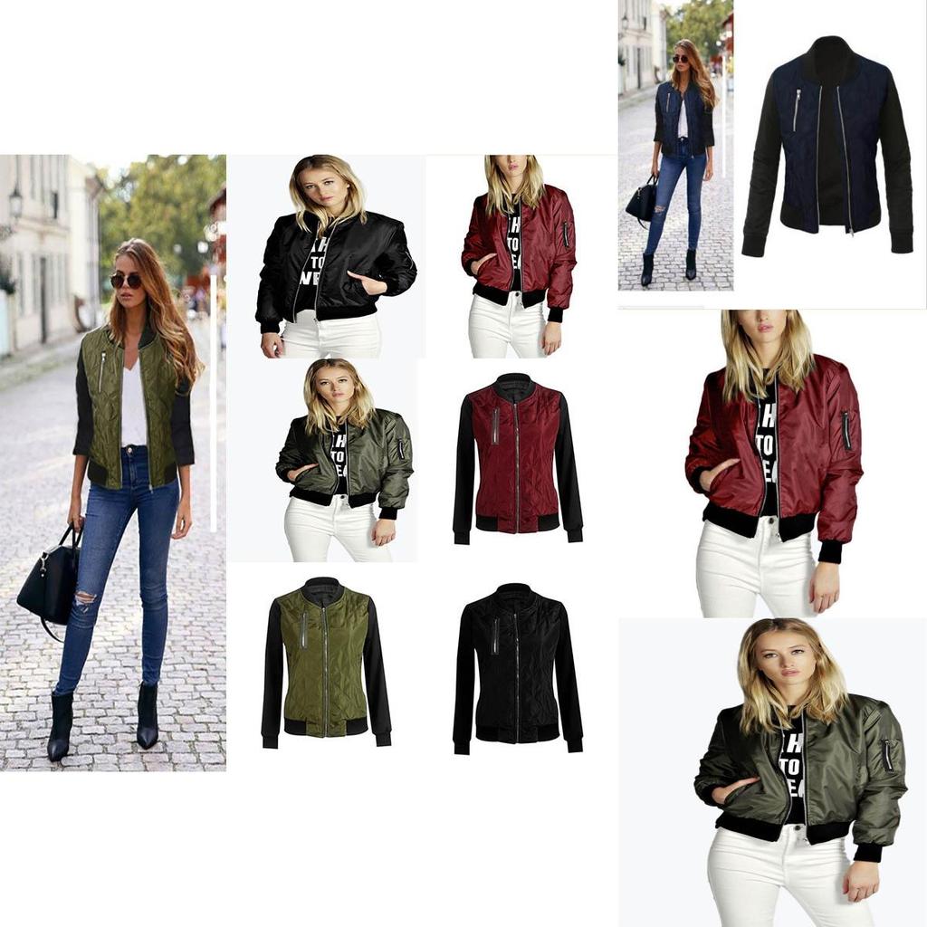 Stylish Womens Classic Padded Bomber Jacket Vintage Zip Biker Coat Long Sleeves