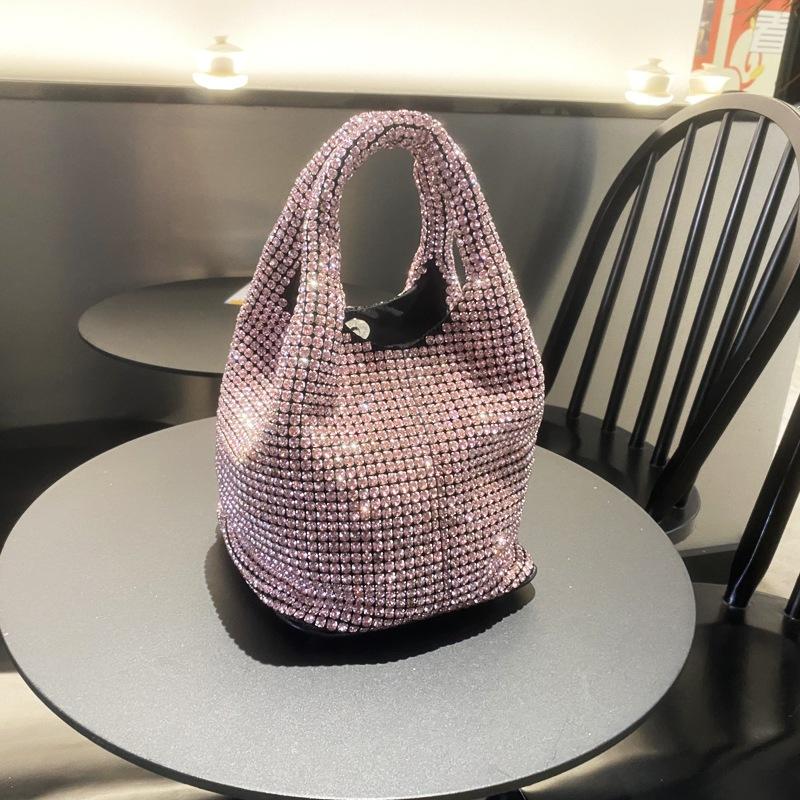 Fashion Rhinestone Small Bucket Bag for Women Sling Shoulder Crossbody Bag with Diagonal Chain Stylish Ladies Handbag