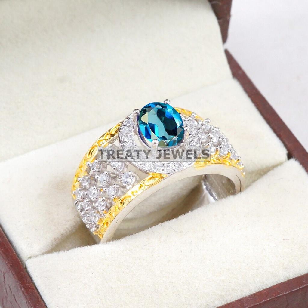 London Blue Topaz Oval Gemstone With 925 Sterling Silver Ring For Men's #B237 JL375676013676